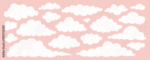 Illustration of white crayon clouds on light pink background. White and rose colors. Doodle sketchy clouds. Differend cloudy set. Print for kids, banner design. Simple cute vector.