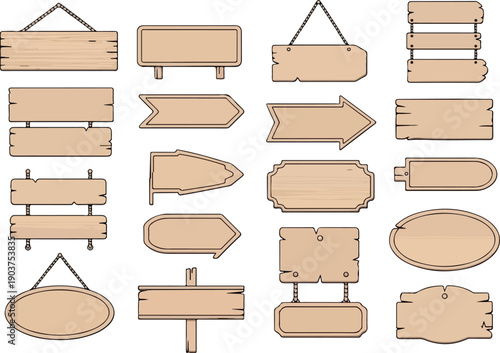 Diverse collection of rustic wooden signboards and blank wood banners in various shapes and styles, perfect for design elements, messages, or information display templates for graphic projects