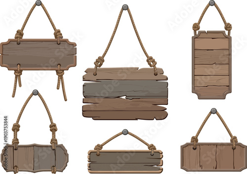 Collection of rustic wooden signs with rope hangers, offering versatile blank templates for custom messages, ideal for cafes, shops, or vintage-themed decor