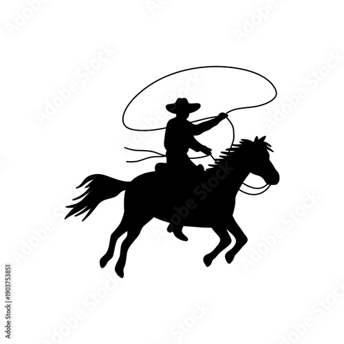 Black silhouette of cowboy riding galloping horse and throwing lasso. Wild West vector illustration for western themes, rodeo posters, and ranch logos. Cowboy on horse silhouette.