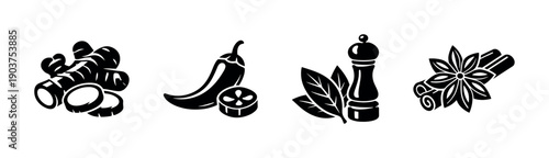 Spices and herbs icons: ginger, chili, pepper, star anise - flat vector illustration