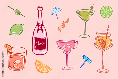 Colorful illustration of cocktails, champagne bottle, and garnishes on pink background