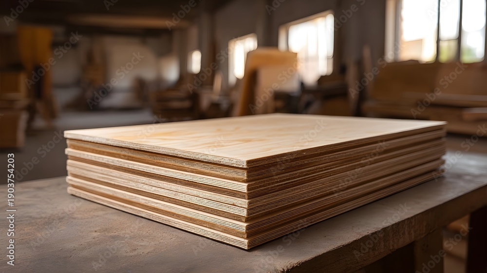 Fototapeta premium A stack of natural plywood sheets neatly arranged on a workbench in a woodworking workshop