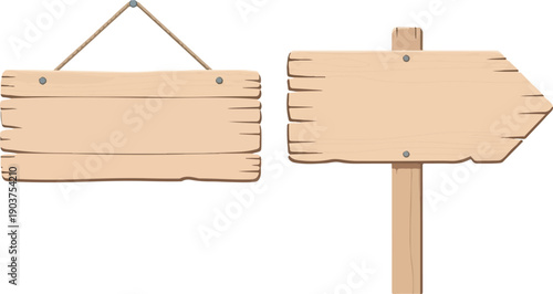 Blank wooden signs with rustic charm, featuring a hanging panel and an arrow-shaped pointer on a post, ready for custom text, directions, or decorative use