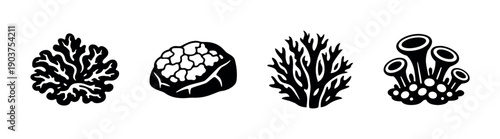 Coral reef silhouettes collection, marine life flat vector illustration