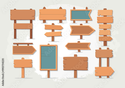 Versatile set of empty wooden signs, rustic chalkboards, and directional arrow pointers in various shapes, perfect for design projects, wayfinding, or decorative elements