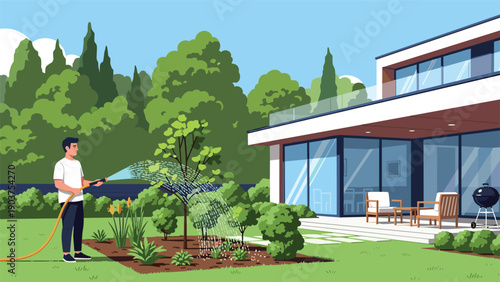 Man uses a garden hose to water green shrubs and trees in the backyard of a contemporary luxury house with glass walls.