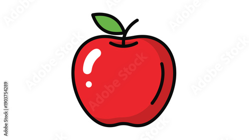 Vibrant and fresh red apple illustration features a single green leaf and shiny skin isolated on a white background.