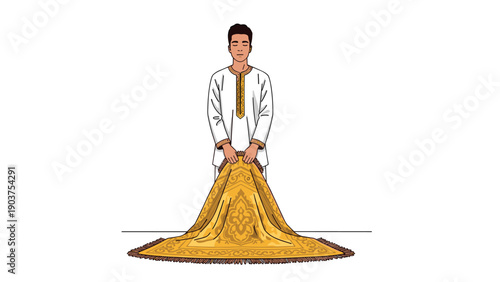 Young man in traditional white attire carefully folds a golden patterned prayer rug while standing on a plain floor.