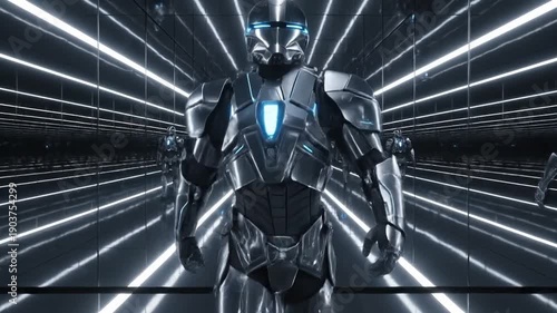 Futuristic Robots Marching in a Neon-Lit Sci-Fi Tunnel.