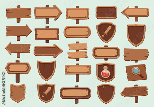 Diverse array of antique wooden directional signs, blank notice boards, and heraldic shields, perfect for creating engaging user interfaces, game environments, or decorative graphic elements