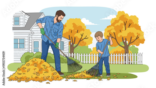 Happy father and his young son working together to rake a large pile of golden autumn leaves in their front yard on a beautiful day.