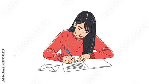 Young girl sitting at a desk and carefully writing a letter by hand with a pen and an envelope nearby in a simple setting.