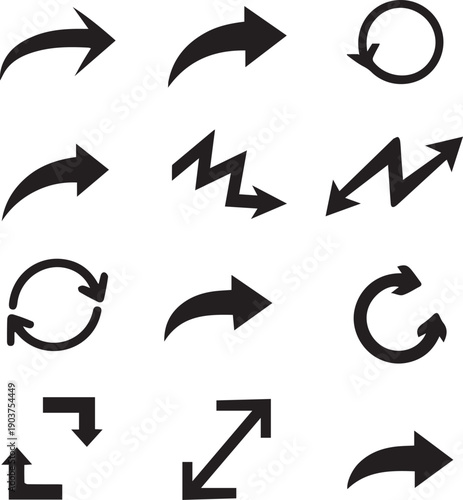 A collection of various arrow symbols and directional indicators isolated on white background, Vector