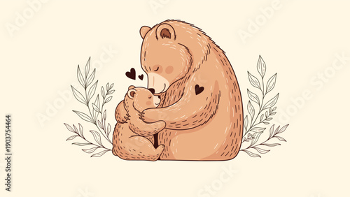 Heartwarming illustration of a mother bear embracing her young cub surrounded by delicate leaf branches and floating hearts on a light background.