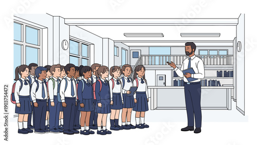 Male teacher giving instructions to a large group of attentive students wearing school uniforms in a bright school hallway.