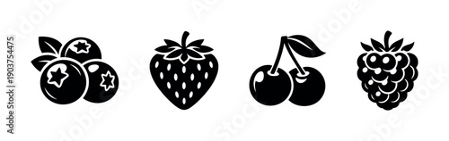 Four black and white berries in a row - flat vector illustration