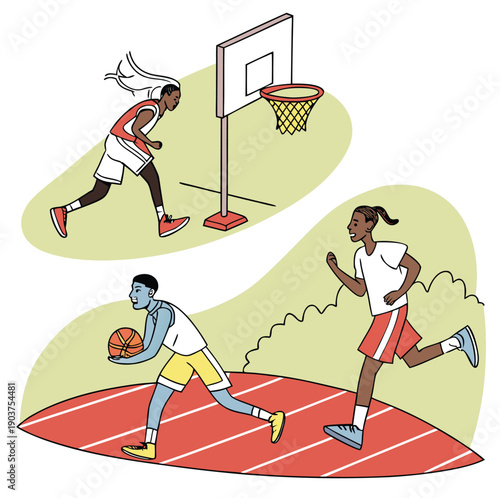 Vector illustration of a basketball player silhouette and active sports people competing in a team game with a ball