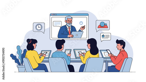 Group of people sitting at a table with laptops watching an older professional man deliver a presentation via an online video conference call.