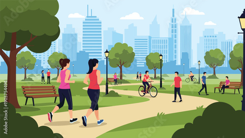 Many people enjoy various outdoor activities like running, cycling, and walking in a green city park with skyscrapers in the distance.