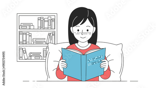 Young girl sits comfortably against a pillow while reading a blue braille book in a room with a bookshelf filled with books in the background.