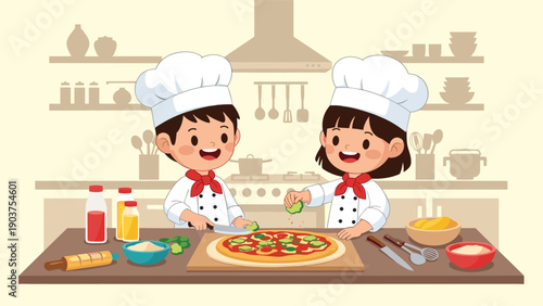 Two adorable young children dressed as chefs happily prepare a pizza with various toppings in a well equipped kitchen.