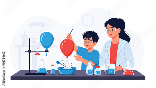Young boy and a female teacher conduct a science experiment involving blue and red balloons and various flasks in a lab.
