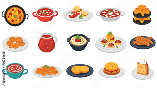 Large collection of diverse international food items including soups, snacks, desserts, and main dishes on a white background.