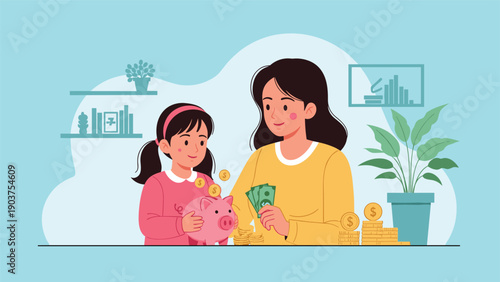Loving mother and daughter save money together by putting coins and bills into a pink piggy bank on a desk in a home setting.