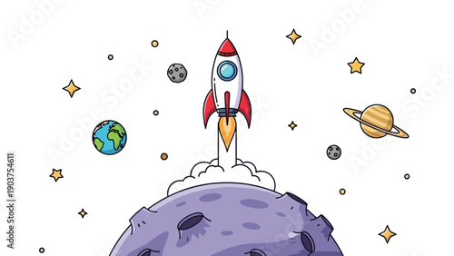 Cartoon illustration of a rocket launching from the surface of the moon into a space filled with stars and planets.