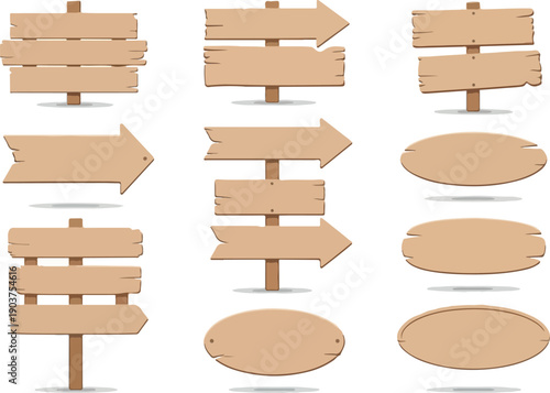 Versatile collection of blank wooden signs, rustic planks, and directional arrows, ideal for customizable navigation or decorative elements in design projects