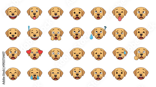 set of cute labrador retriever emoji icons with various facial expressions like happy, sad, angry, and surprised on a white background.
