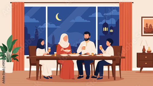 Muslim family gathers for a meal in a dining room with a view of a city skyline at night with a crescent moon.