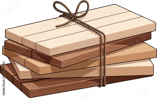 A neatly stacked bundle of various wooden planks tied with natural rope, ready for construction, crafting, or DIY home improvement projects with a rustic appeal