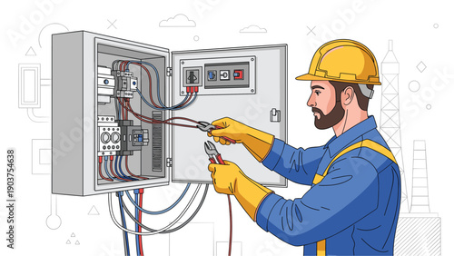 professional electrician wearing a hard hat and safety gear working on an open electrical panel with various wires and components in a factory.
