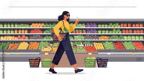 young woman with a shopping basket walking through a supermarket aisle filled with a large variety of fresh vegetables and colorful fruits.