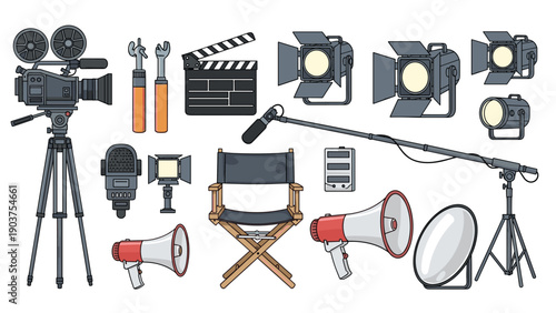 comprehensive collection of professional film production equipment including a camera, lights, clapperboard, and microphones on a white floor.