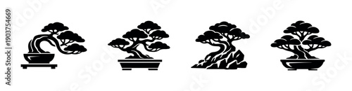 Bonsai tree silhouettes set, flat vector illustration