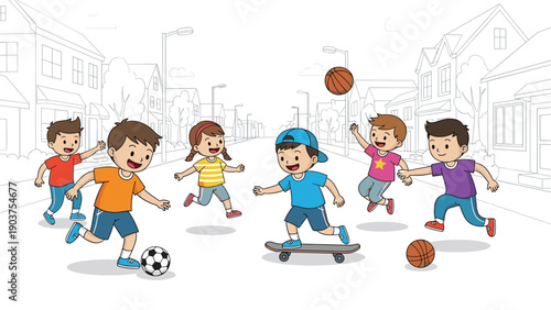 group of diverse children playing various street sports including soccer, basketball, and skateboarding in a quiet suburban neighborhood.