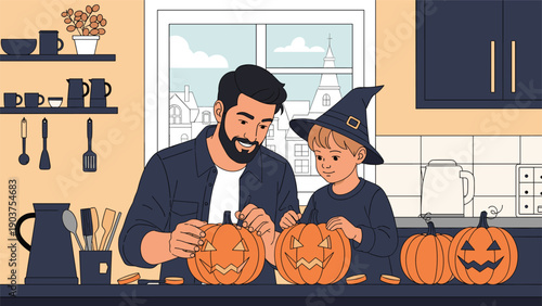father and his young son wearing a witch hat carving pumpkins in their kitchen for halloween with more jack-o-lanterns on the counter.