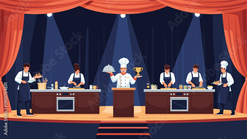 professional chefs competing on a stage with cooking stations behind red curtains under bright spotlights during a major culinary event.