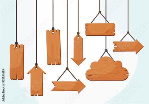 Versatile collection of hanging rustic wooden signs and pointers, perfect for displaying messages, directions, or adding a natural, handcrafted touch to creative designs and layouts