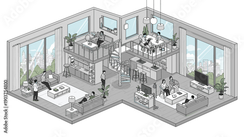 Modern two-story open plan loft apartment interior with people relaxing and socializing in various stylish contemporary living spaces.