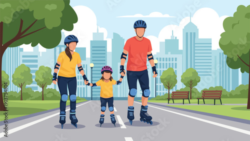 Active family of three wearing helmets and protective gear while rollerblading together on a paved path through a sunlit city park.