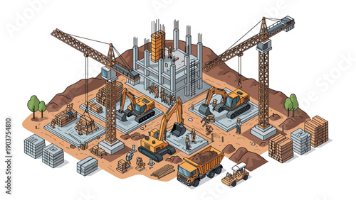 Busy industrial construction site showing large yellow cranes, excavators, workers, and materials used to build a concrete structure.