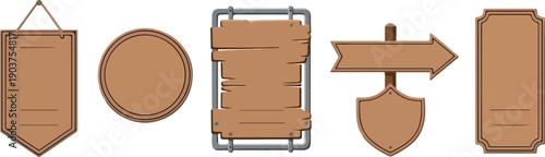 Diverse collection of rustic wooden signs and blank banners, ideal as templates for custom text, menus, or promotional messages, featuring various shapes, isolated for easy design
