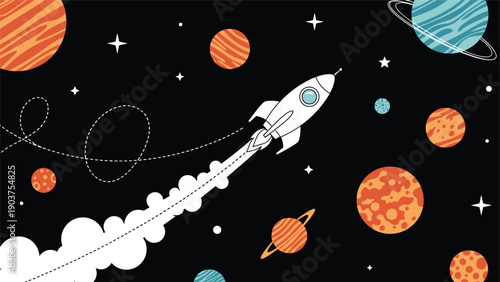 Vibrant cartoon illustration of a white rocket ship blasting off through space past colorful planets, stars, and celestial bodies.