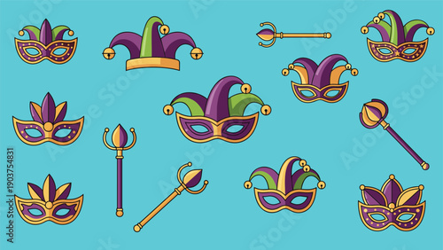 Vibrant collection of Mardi Gras carnival accessories including ornate feathered masks, golden scepters, and colorful jester hats.