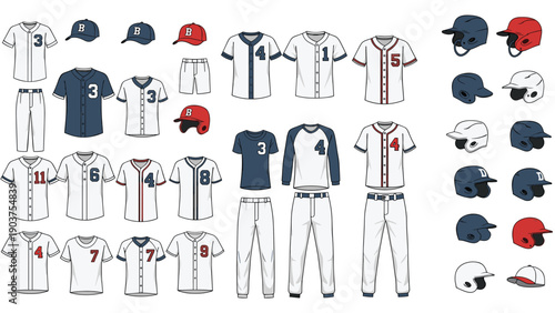 Large collection of professional baseball equipment and uniforms including numbered jerseys, colorful caps, pants, and batting helmets.