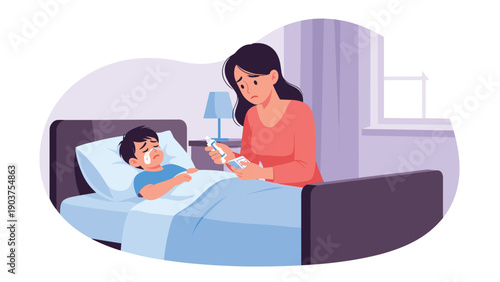 Concerned mother sitting on a bed and taking care of her sick young son who is resting with a bandage on his nose and a fever.
